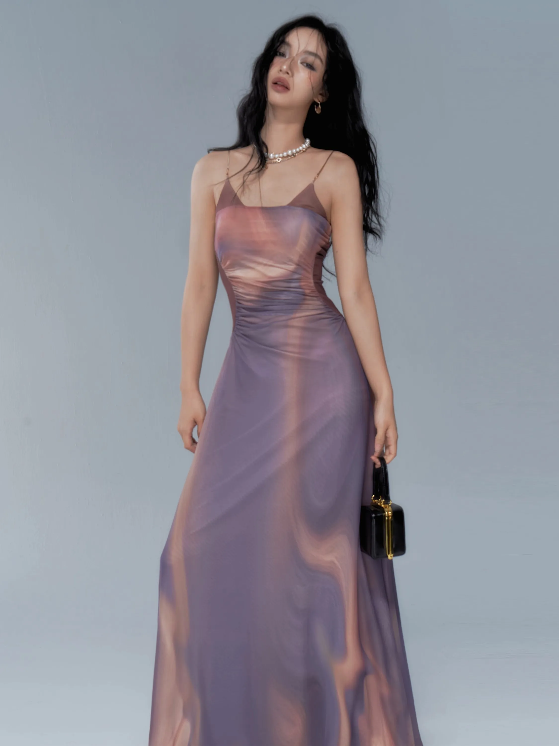 Vintage Tie Dye Elegant Dress Women Sexy Y2k Spaghetti Strap Maxi Dresses Korean Fashion Robe Vestidos De Mujer