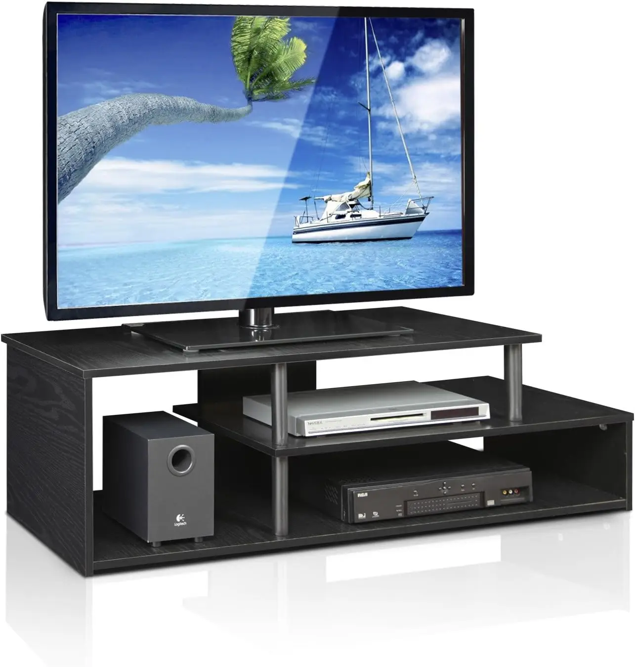Low Rise TV Stand in Black, Modern Entertainment Center with Storage Shelves for Living Room