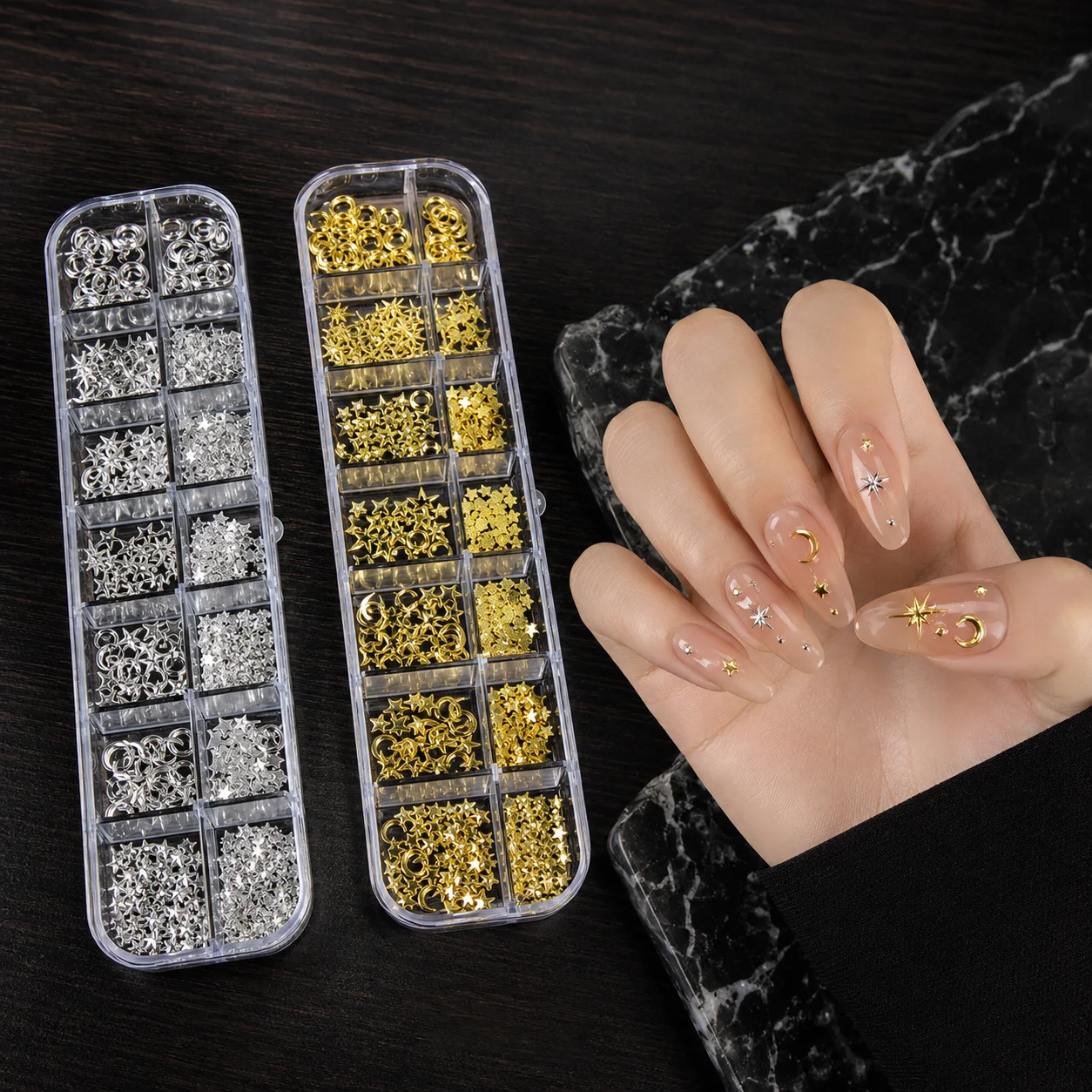 1 Set Nail Art Accessories Set 12 Boxes Gold Silver Metal Studs Star Moon Shapes 3D Charms DIY Decoration for Gel Nails Tips