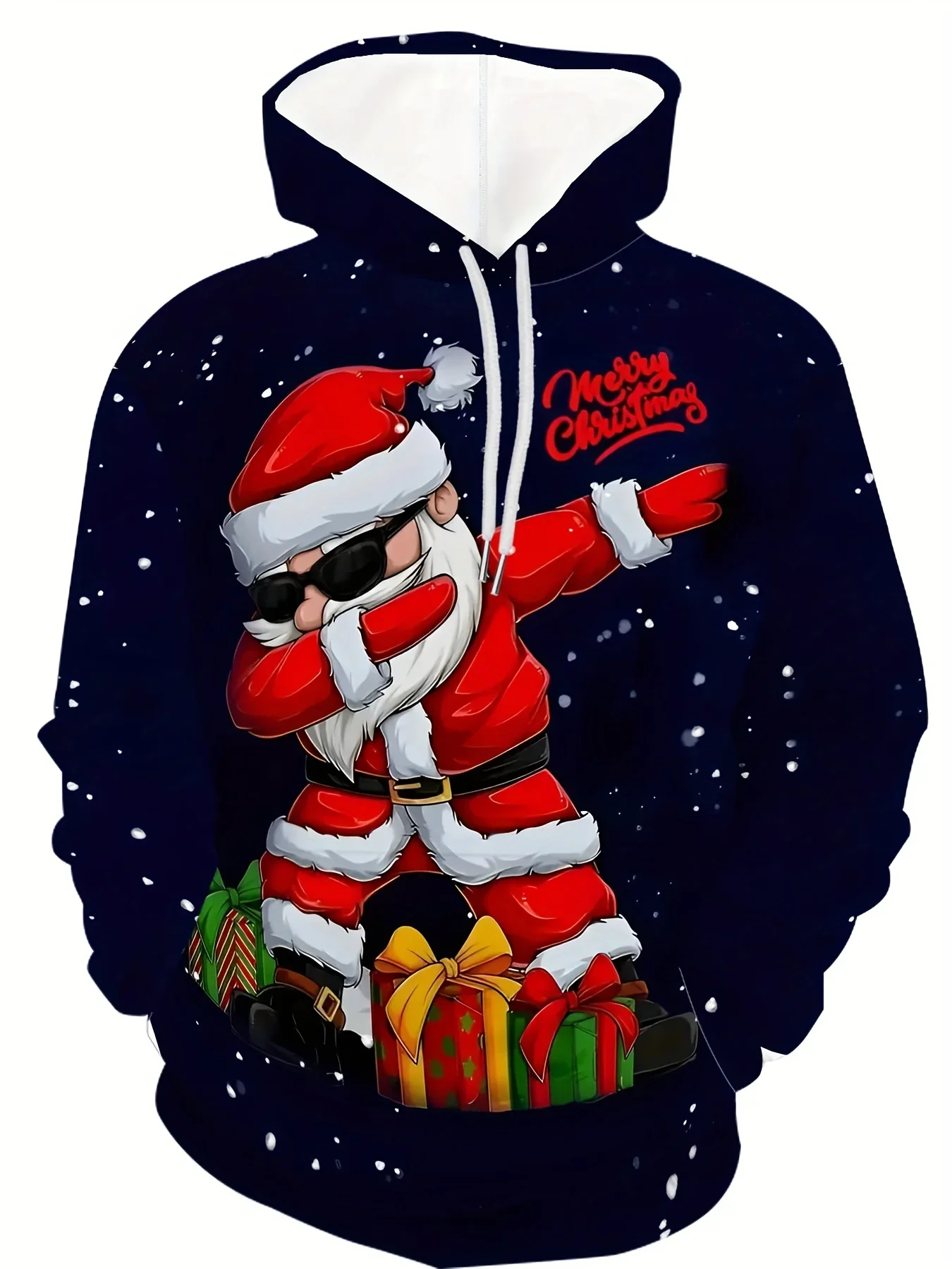 เสื้อฮู้ดซานตาคลอสพิมพ์ลาย 3 มิติสำหรับผู้ชายและผู้หญิง เสื้อสตรีทแวร์แขนยาวแบบมีเชือกผูก เสื้อผ้าแปลกใหม่สำหรับคริสต์มาส