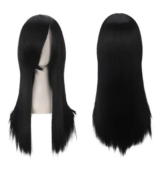 Rambut sintetis panjang lurus hitam 60cm/23.6 inci, poni penuh serat suhu tinggi wig penuh Cospaly