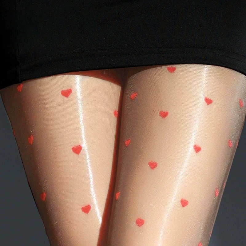 

Women Sexy Summer Pantyhose Ultra-thin Smooth Seamless Stockings Heart-shaped Printed Nylon Tights Open Crotch Female Hosiery
