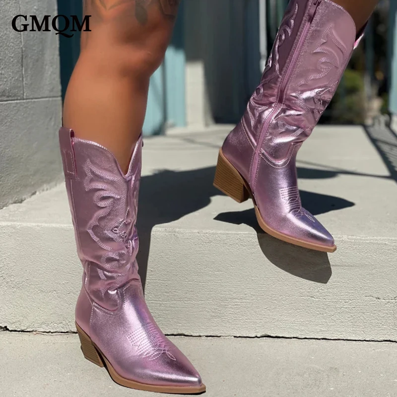 GMQM Brand Fashion Women Western Cowboy Boots Mid-Calf Boots Dropship Lady New 2022 Autumn Winter Metalic Sexy Pumps High Heels