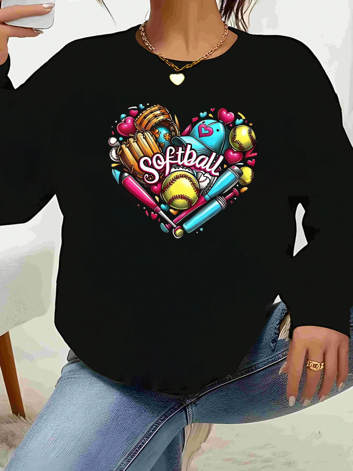 

Футболка с длинными рукавами и принтом сердца для софтбола, повседневная одежда ко Дню святого Валентина, женская спортивная одежда