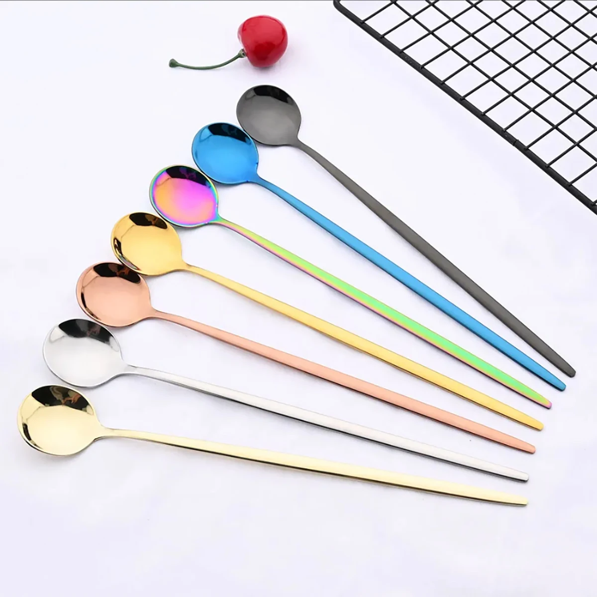 6pcs Ice Cream Cpoons Dinnerware Set Stainless Steel Metal Spoons Long Handle Stirring Spoon Juice Shakes Bars Kitchen Tools