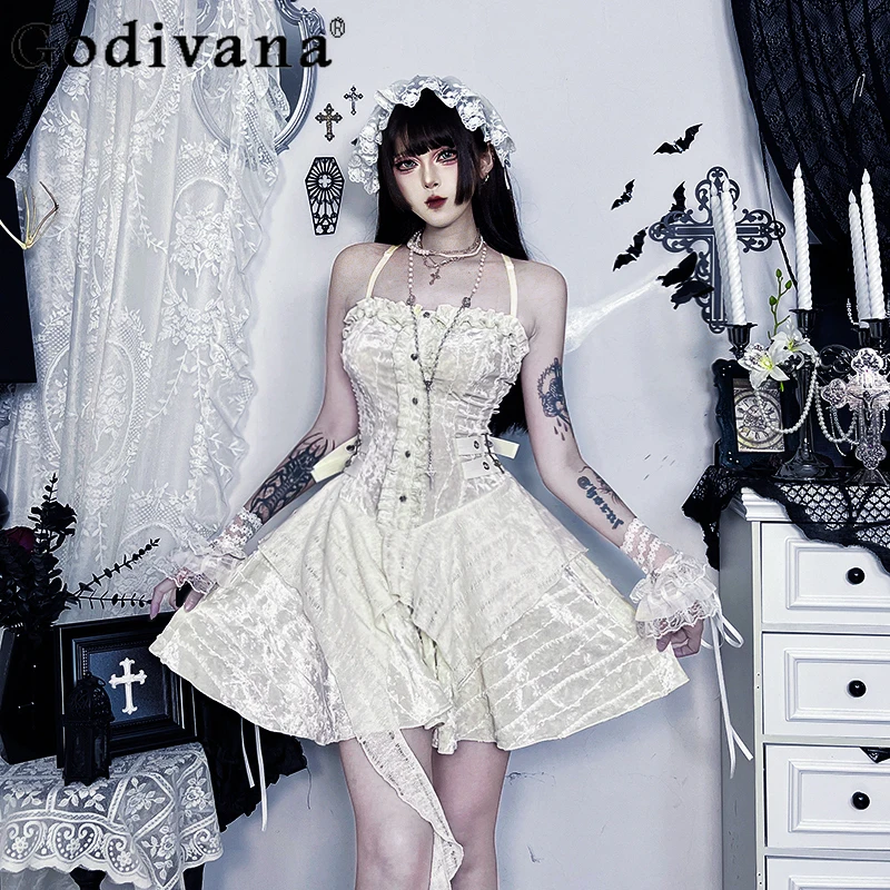 

Subculture Irregular Strap Hot Girl Dress Music Festival Outfit Halloween White Dress Women's Sleeveless Cosplay Costumes Dress