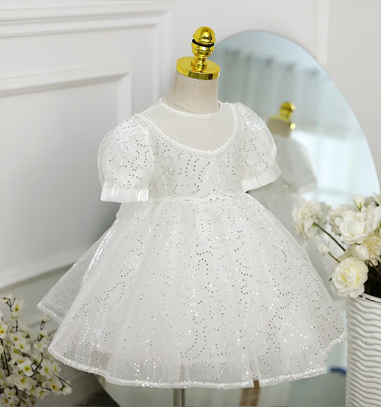 Girls Princess Dress Silver Sequin Puff Sleeve Toddler Tutu Prom Holiday Wedding Birthday Party Baby Formal Status Clothes 1-5Y