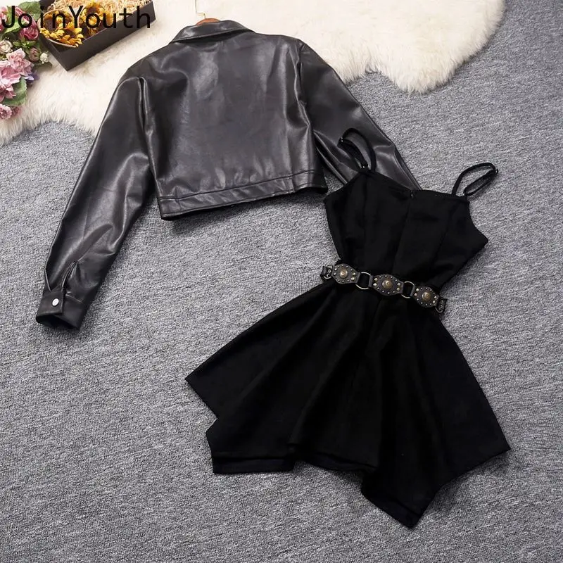 Rock Sets Temperament Zwei Stück Sets Frauen Kleidung Vintage Leder Mantel Tunika Große Schaukel Unregelmäßige Kleid Outfits Mode Anzug