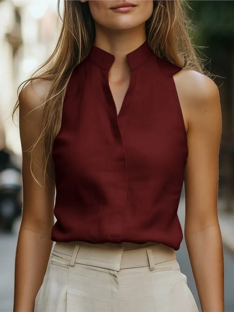 Women's Sleeveless Linen Blend Top Mock Neck V Placket Relaxed Fit Blouse