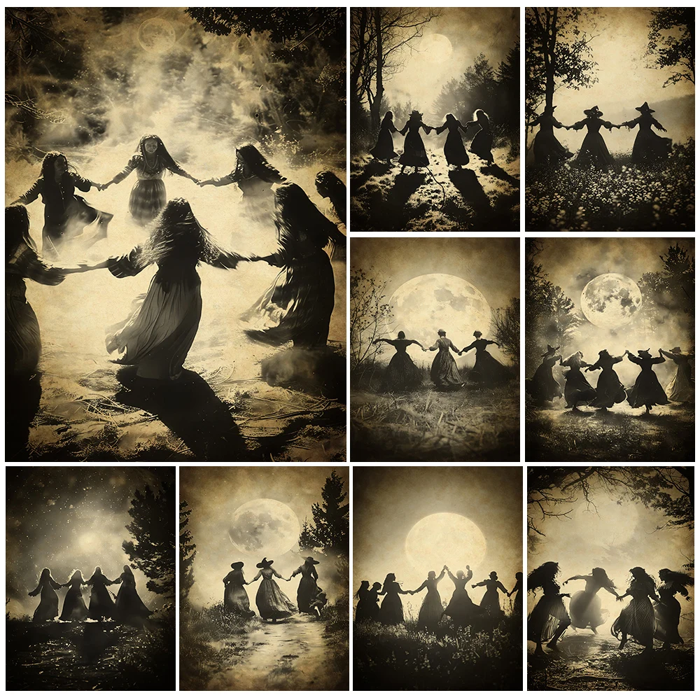 Witches Dancing Ritural Spooky Wall Art Canvas Painting,Salem Witch Trials And Witches Sabbath Gothic Art Poster Print Decor