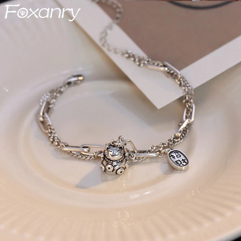 FOXANRY シルバーカラーかわいい猫 Brcacelet 女性のためのヴィンテージパンク二重層チェーンタイシルバーブレスレットパーティージュエリーギフト