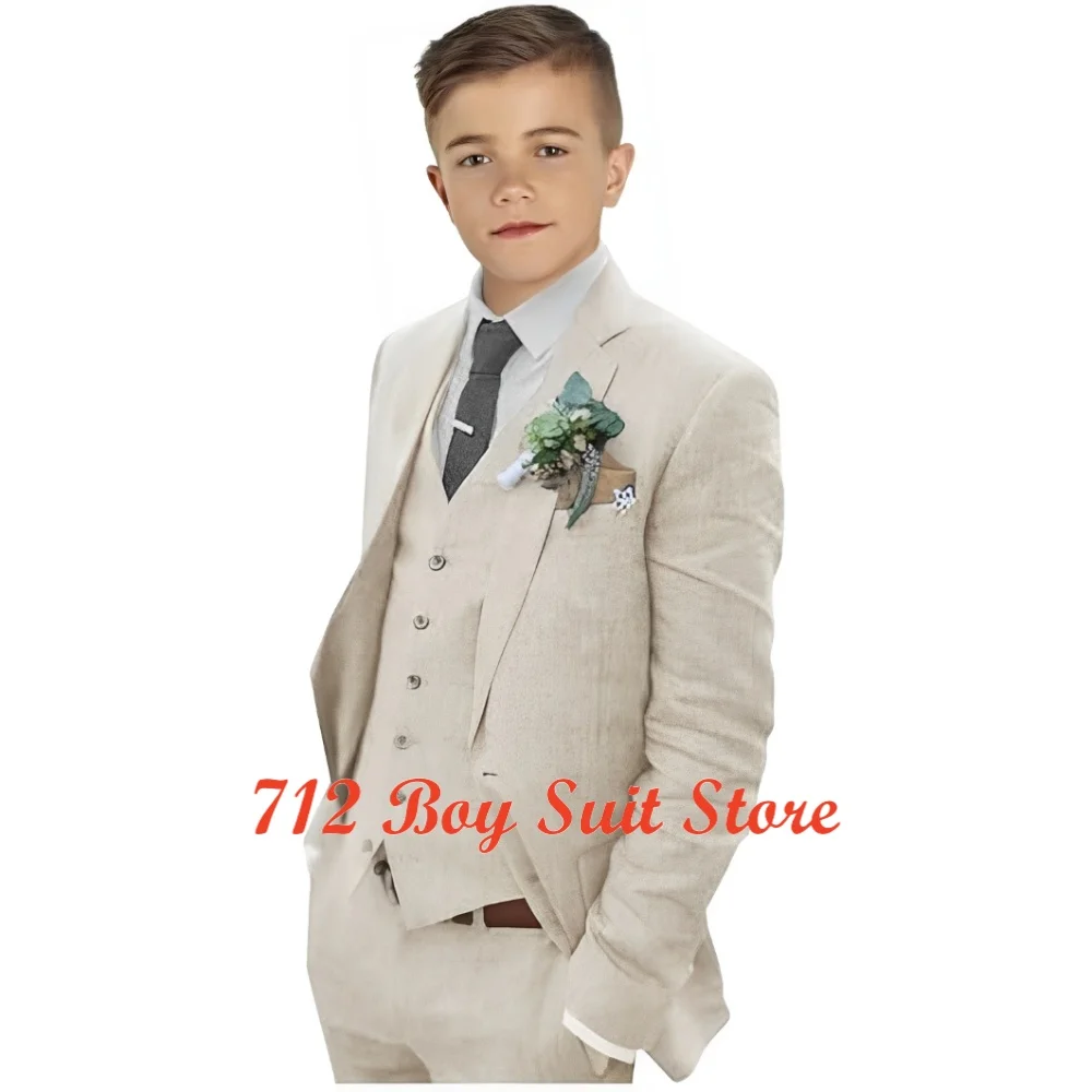 Boy's Linen 3-piece Suit Slim Fit Notch Lapel Jacket One Breasted Blazer Vest Pant Set Boys Summer Seaside Wedding Suit