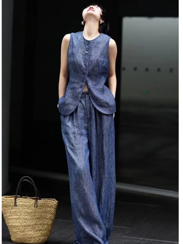 

Loose Fit Denim Set Women's Summer Vintage High Waist Svel Tank Top Long Pants Commute Outfit Faionable Casual Ensemble
