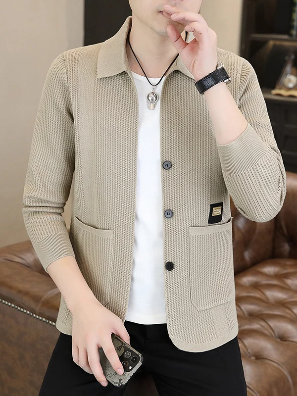 

High-End Knitted Open Cardigan Men's Collared Faion Wrap Sweater Jaet Casual Color Knitwear Outerwear