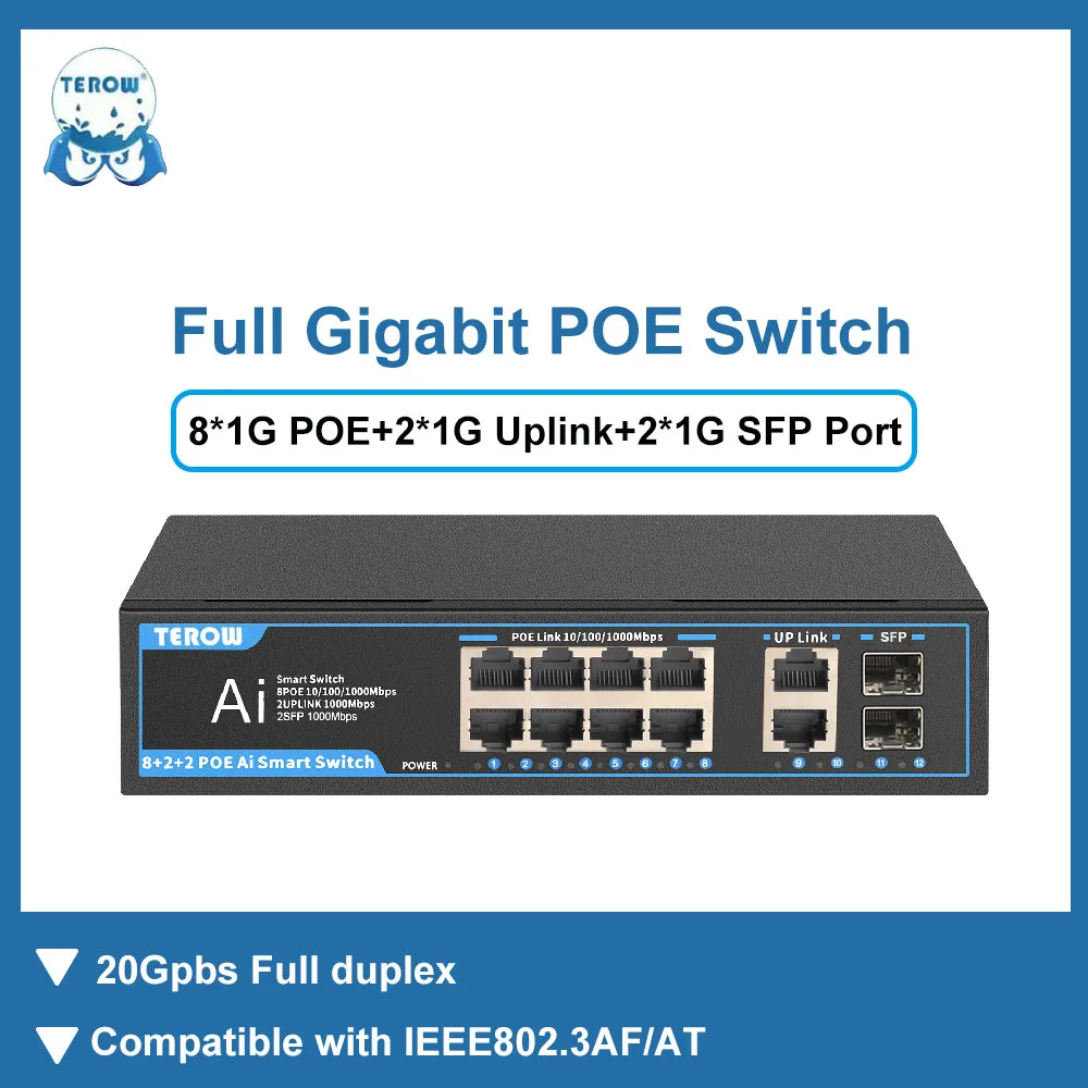 

TEROW POE Switch Gigabit 8 Ports 1000Mbps Ethernet Switch Network Splitter Gigabit Switch POE 52V 120W For Wifi Router IP Camera