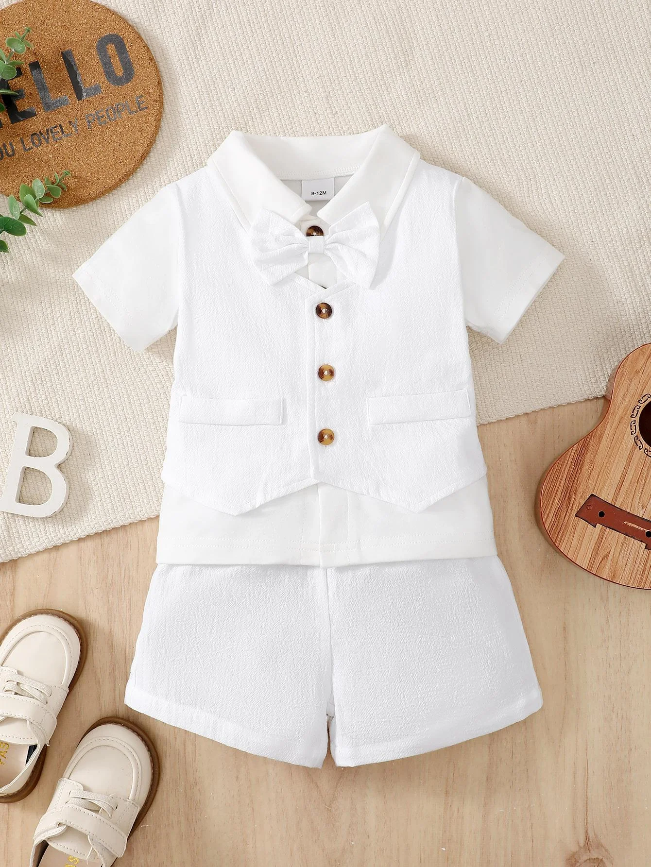 

Fashion Summer 2PCS Male Infant Formal Dress Short Sleeve Shirt+Shorts Set With Bow Tie Preschool Set For 0-2Y Newborns Wearing