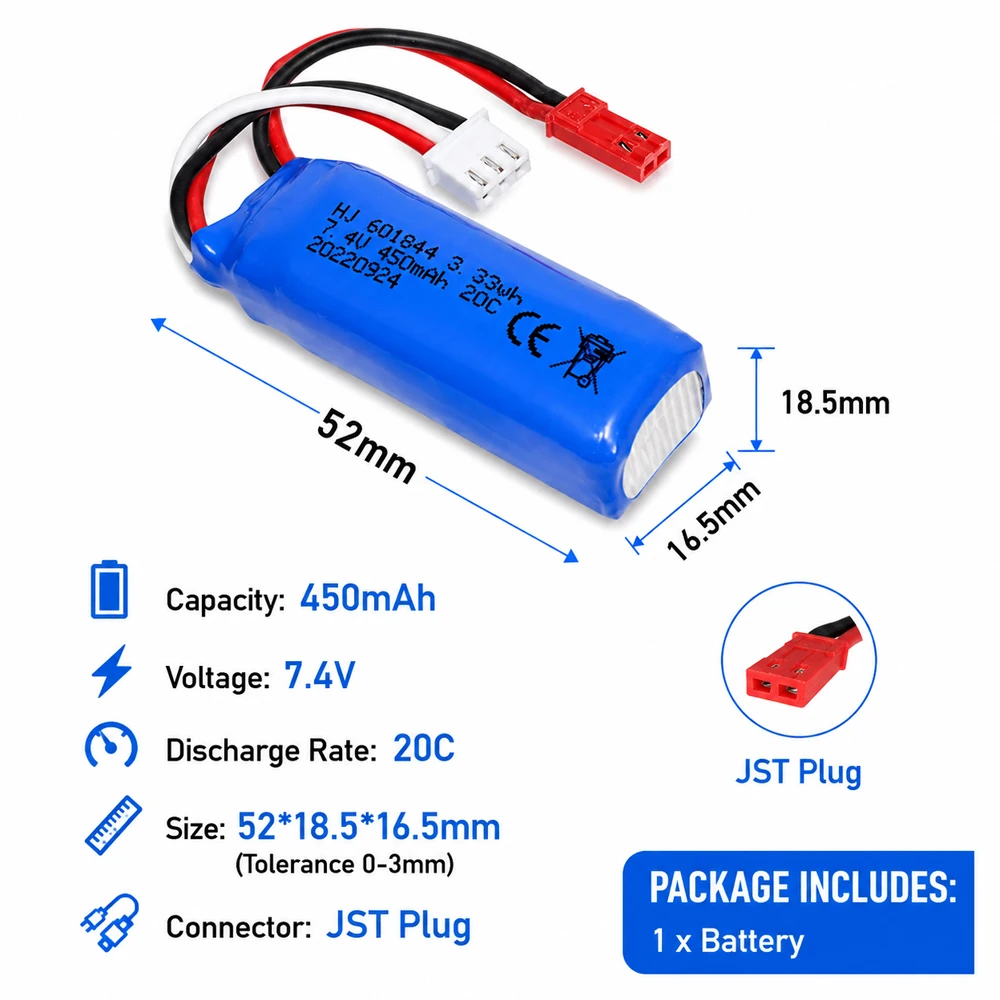 601844 Battery 20C 2S 7.4V 450mAh Remote Control Battery with JST Plug for WLtoys K969 K979 K989 K999 P929 P93 A600 A700 A800