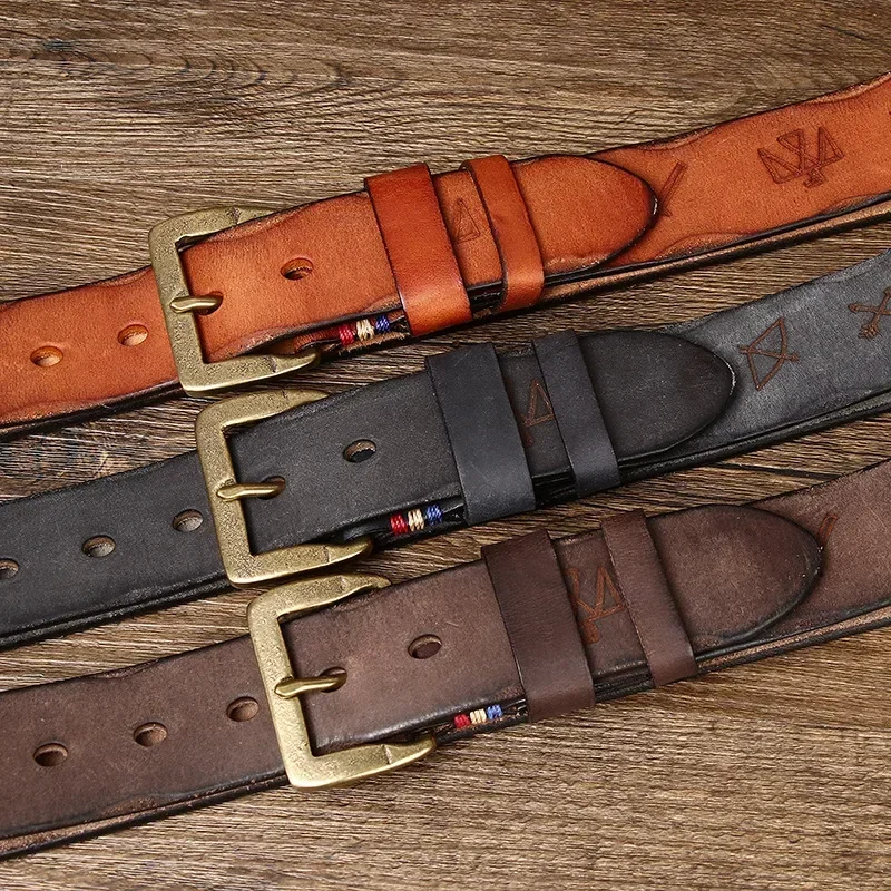 3.8CM Pure Cowhide High Quality Genuine Leather Belts for Men Thickening Laser Engraving Strap Male Copper Buckle Jeans Cowboy