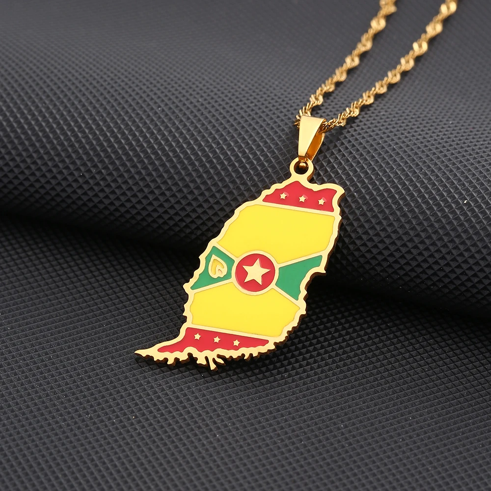 Fashion Grenada Island Map Flag Pendant Necklace Stainless Steel Men Women Maps Jewelry Gift