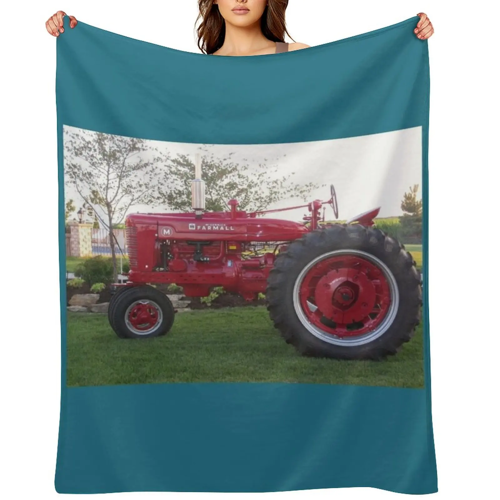

Farmall M Tractor Postcard Throw Blanket Flannel Luxury Designer Winter beds Large Blankets