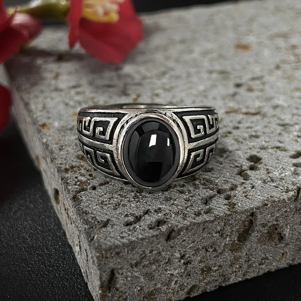 

Vintage Adjustable 925 Sterling Silver Black Onyx Ring with Natural Stone Oval Geometric Patterns Retro Rings Jewelry for Men