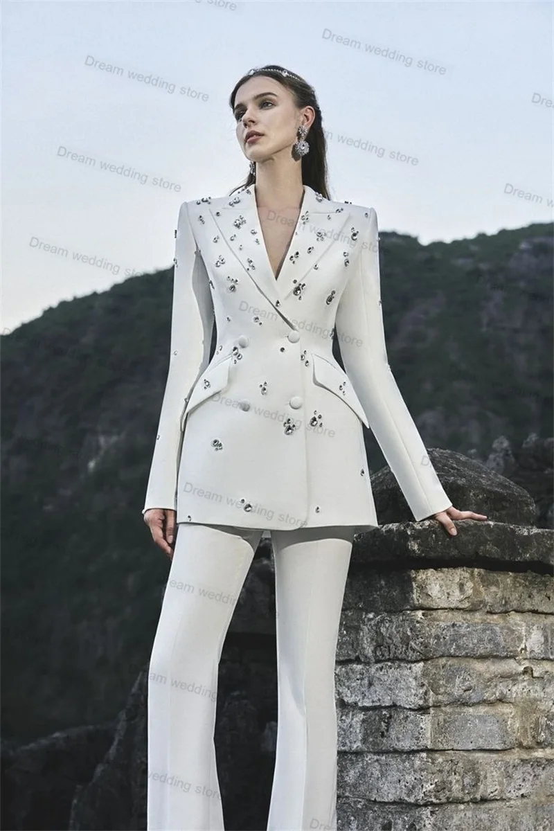 Crystals 2 Pieces Cotton Women Suits Pant Set Blazer+Trousers Formal Office Lady Wedding Tuxedo Jacket Tailored Double Breasted