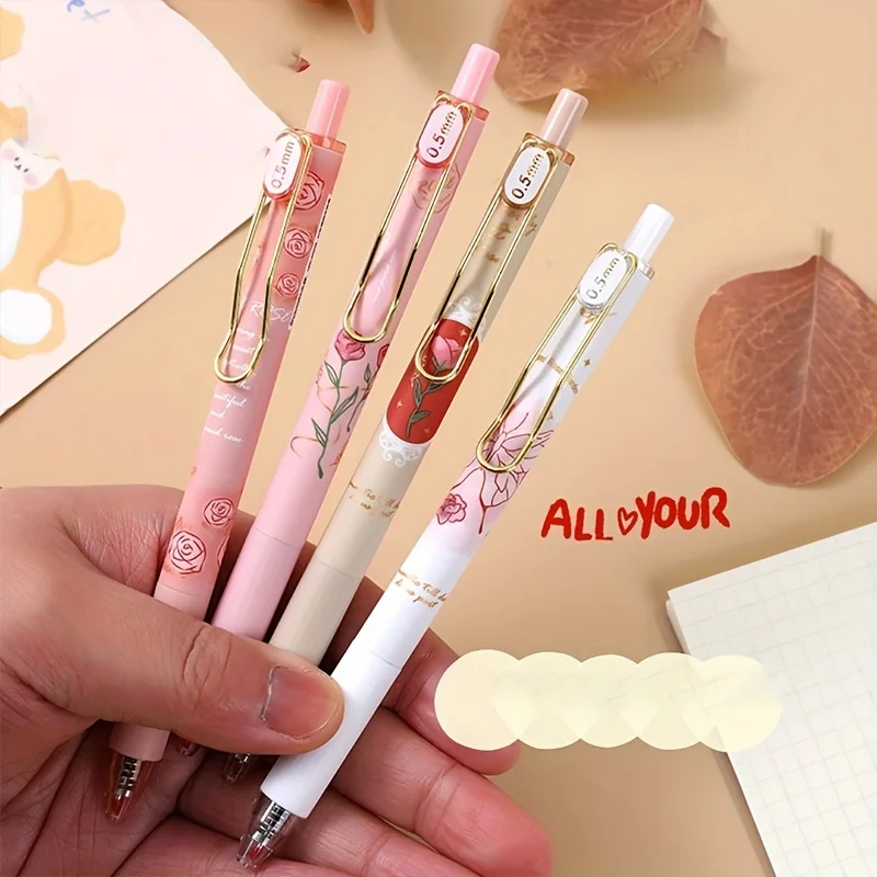 

4 Pcs Gel Ink Pens Flower Serise Retractable Gel Pens 0.5mm Black Ink Girls Gift Pens School Supplies ST Tip