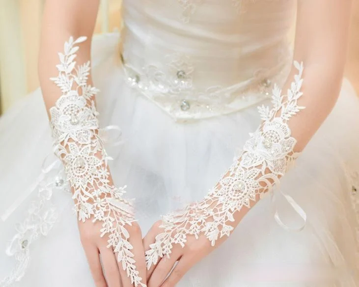 Guantes de novia de gran oferta, de alta calidad, codo sin dedos, longitud de encaje con cuentas, para boda, guante de novia