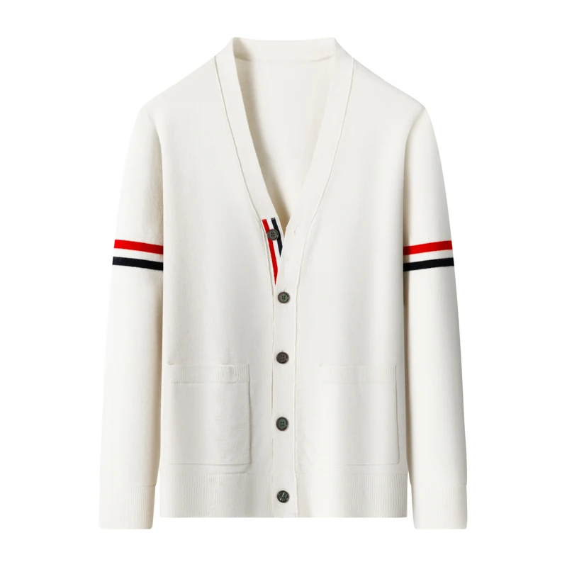 High-End Marke Pullover Open Shirt Männer Frühjahr Herbst Neue Klassische Streifen Trend Taschen Koreanische Freizeit Mischfarben V-Kragen Strickjacke – Detail 9