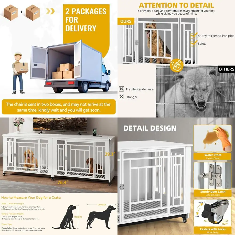 

Прочная мебельная тумба-клетка для 2 собак (76 дюймов), напольная подставка под ТВ с колесиками, декоративный деревянный стол-клетка для собак, съемный поддон, устойчивый к разгрызанию