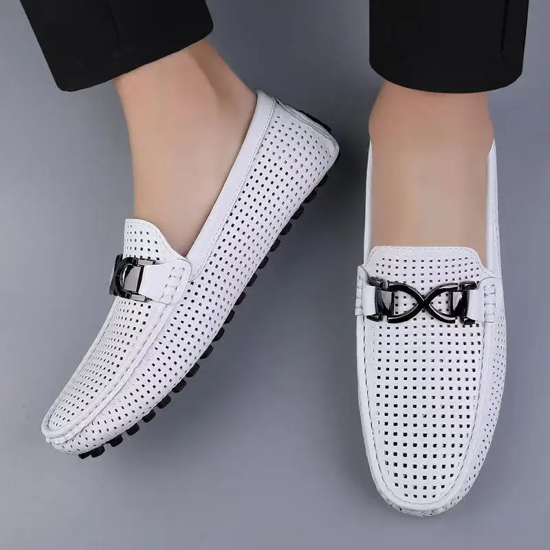 

Summer Men's Soft Leather Sandals Breathable Thin Sole with Hollow Holes Lazy Casual Bean Shoes Comfortable Slip-On