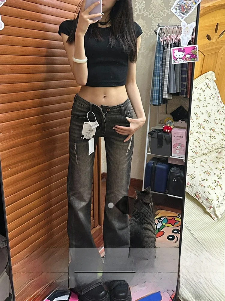 

Retro American Washed Bell Bottom Jeans Women's Slimming Summer Denim Pants High Waist Zipper Closure Straight Leg Trousers