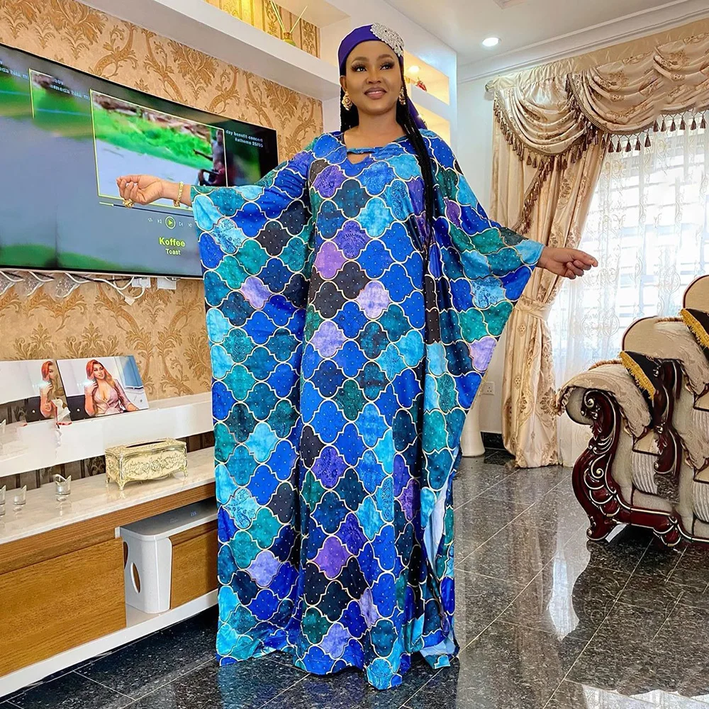 African Woman Dress  Hot Fix Rhinestone Multi Color Grid Pattern Rayon Loose Plus Size Fashion Elegant Slight Stretch Robe