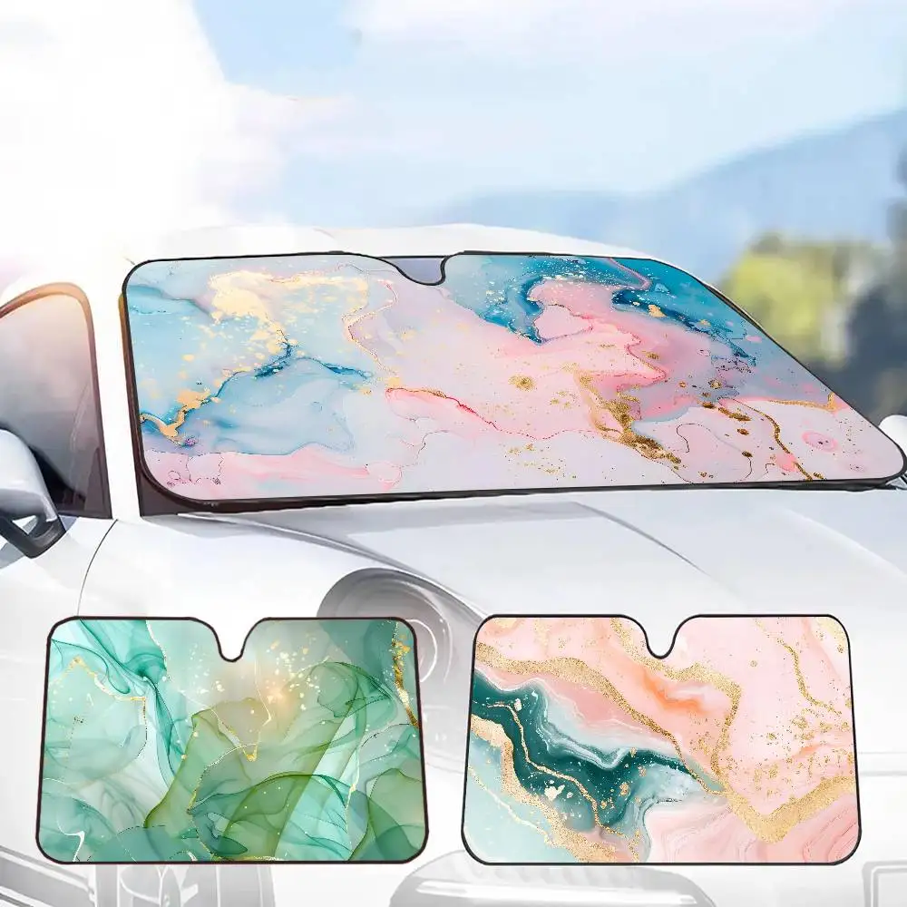 Colour Blue Gold White Marble Windshield Sunshade Anime Cute Car Front Windshield 70x130cm Sun Visor Heat Reflector
