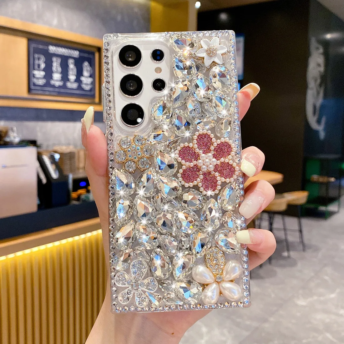 

Bling Pink Pearl Flower Case For Samsung Galaxy S25 S24 Ultra S23 S22 S21 Plus Note 20 Glitter Rhinestone Silver Diamond Cover