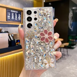 Bling Pink Pearl Flower Case For Samsung Galaxy S26 S25 S24 Ultra S23 S22 Plus Note 20 Glitter Rhinestone Silver Diamond Cover