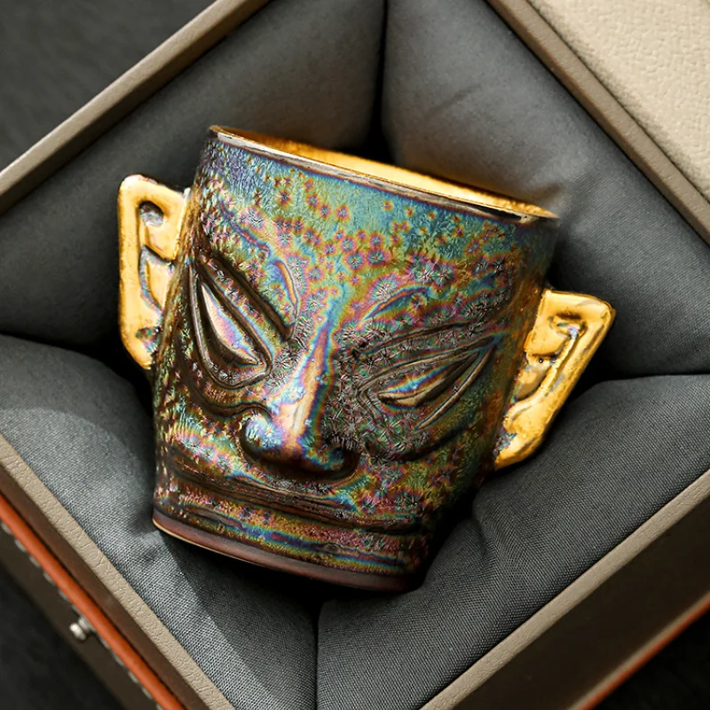 Seven-color gilded Sanxingdui Mask owner's cup ceramic Master Tea Cup  Kung Fu Tea Bowl Single Tasting Cup Gift Box Packed