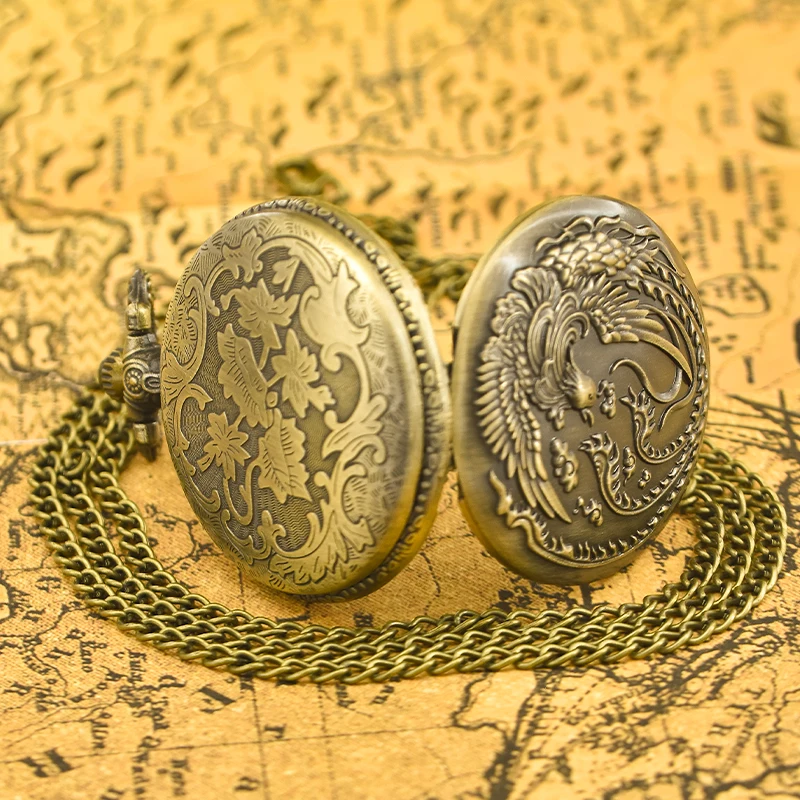 빈티지 청동 고대 중국 신화 피닉스 조각 석영 포켓 시계 목걸이, 남녀 학생용 클램셸 선물