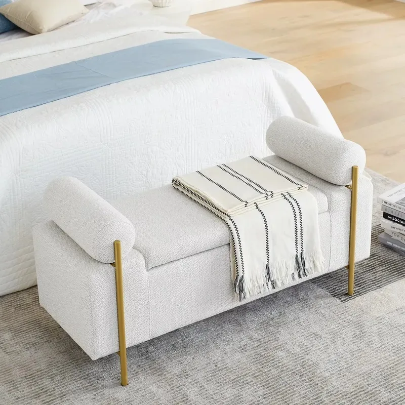 Modern White Fabric Upholstered Storage Bench with Cylindrical Armrests and Iron Legs for Hallway Living Room Bedroom Hotel