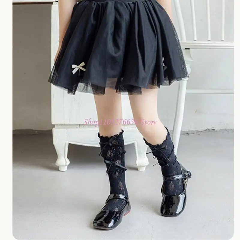 R6FD Sweet Under Knee Length Socks Kids In Tube Socks for Girls with Layered Lace Trim and Bowknot Detailing