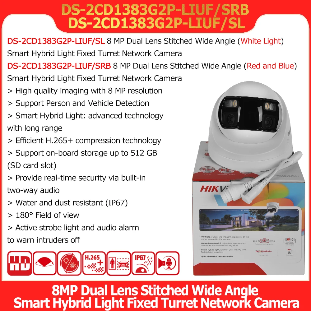 هيكفيجن DS-2CD1383G2P-LIUF/SL 4K 8MP عدسة مزدوجة مخيطة 180 °   كاميرا IP شبكية POE ذات زاوية واسعة وإضاءة هجينة ذكية وصوت ثنائي الاتجاه