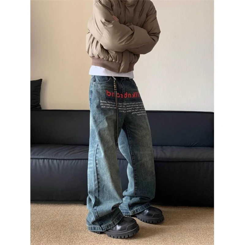 2000S New Fashion printed letters high waist Leisure jeans women Y2K street hip-hop retro loose all-match straight wide-leg pant