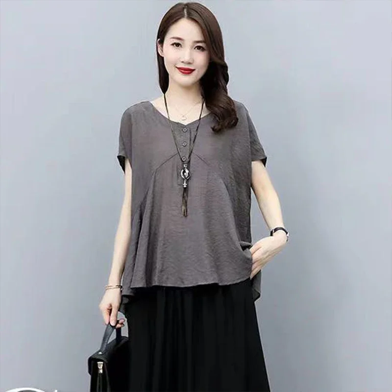Camisa holgada de manga corta de Color sólido de gran tamaño, Tops versátiles con temperamento informal para cubrir el vientre, ropa de moda para mujer