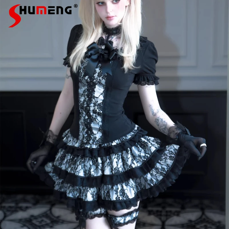 

Japanese Dark Style Rojita Sweet Black And White Slim Fit Lace Top T-shirts And High-waisted Skirt Y2k Cool Tees Women's Clothes