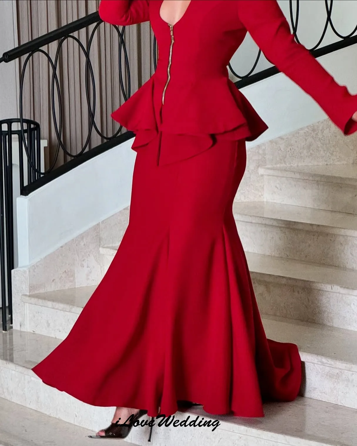 Robe de soirée rouge à manches longues, col en v, Sexy, élégante, style sirène, robes formelles pour femmes, Gala, fermeture éclair, personnalisée, 2025