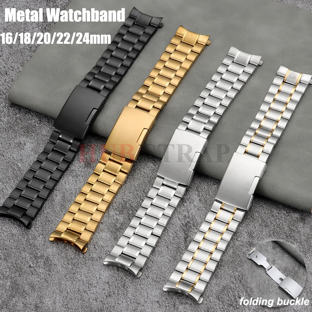 16/18/20/22/24 mm gebogenes Ende Edelstahl-Uhrenarmband für Seiko Silber Metall-Uhrenarmband Herren Faltschließe Universal-Armband