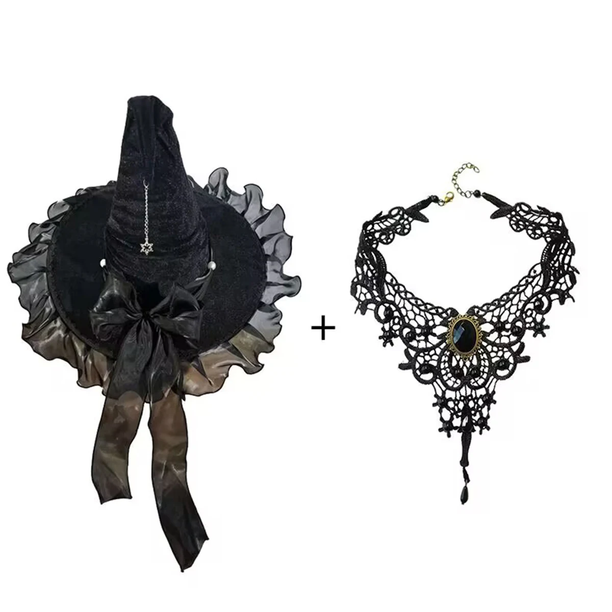 Curved‑Brim Witch Hat, Gloves, Necklace, Stickers, Lace Velvet Witch Hat w/ Lace Trim & Moon Pendant, Halloween Masquerade Cospl