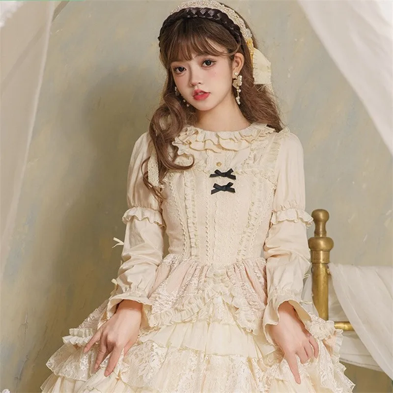 Vintage Women Lolita Shirt Elegant Versatile Vintage Cotton Blouse Lace Strap Lolita Top Long Sleeve Female Gothic Shirt