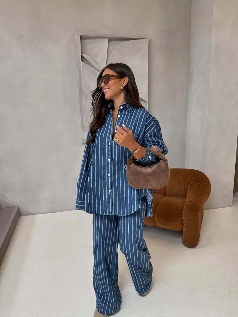 Blau gestreiftes Hemd & weit geschnittene Hose, afrikanisches 2-teiliges Set für Damen, lässige Langarm-Bluse, Hosen-Outfit, Plus Size Loungewear – Detail 9