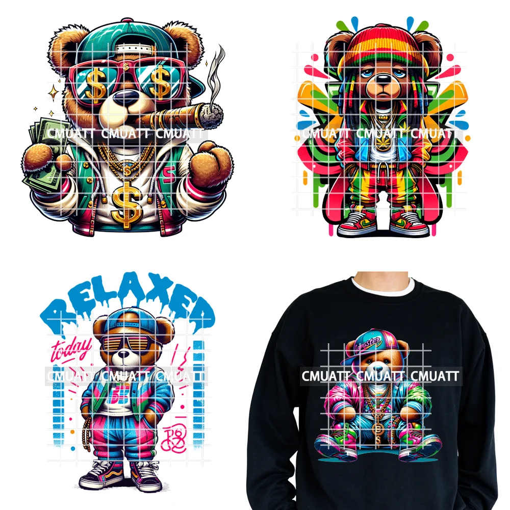

12in Cartoon Urban Rich Gangster Hip Hop Teddy Bear Lover Man Designs Iron on DTF Transfers Stickers Ready to Press for Clothing